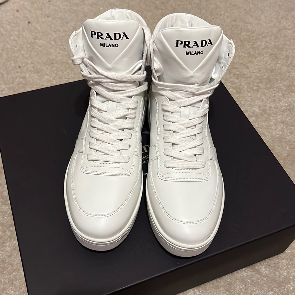 Prada Hi Top Leather Logo Sneakers